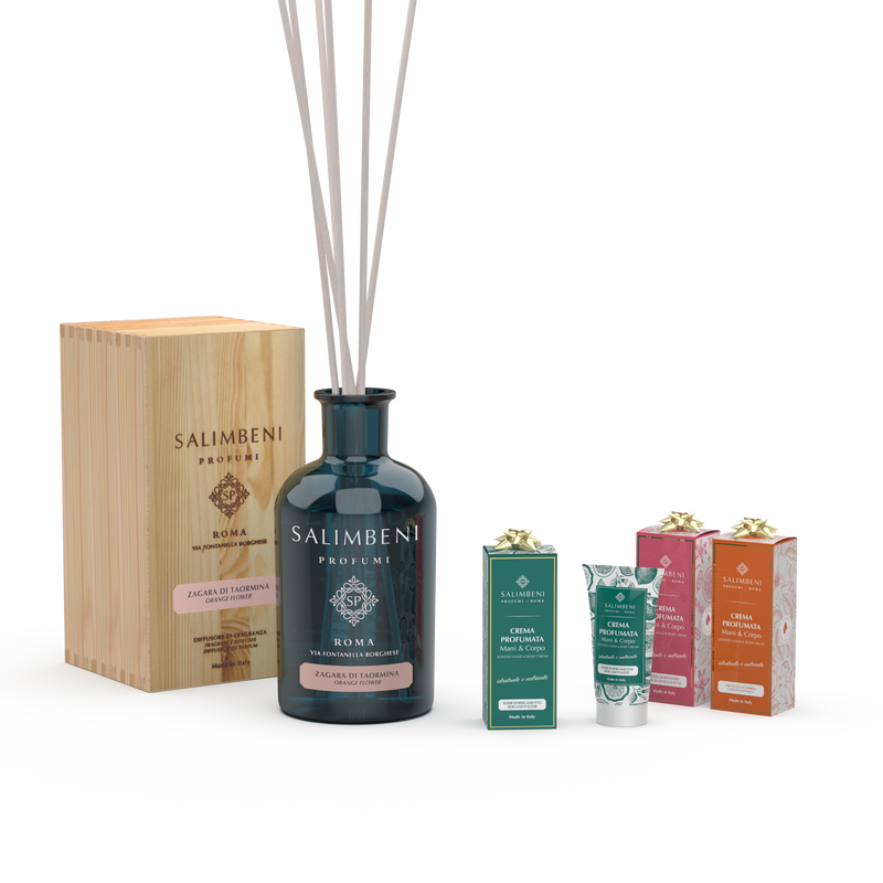 Flor de Laranjeira de Taormina 1000 ml + 3 Cremes Perfumados de 50 ml como prova gratuita (Elixir de Bergamota de 50 ml + Encanto de Âmbar de 50 ml + Especiarias de Bizâncio de 50 ml)