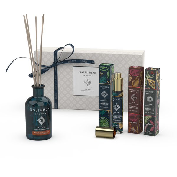 Gift Box Madeiras Antigas 100 ml + 3 Eau de Parfum de viagem de 15 ml (Elixir de Bergamota + Encanto de Âmbar + Especiarias de Bizâncio)